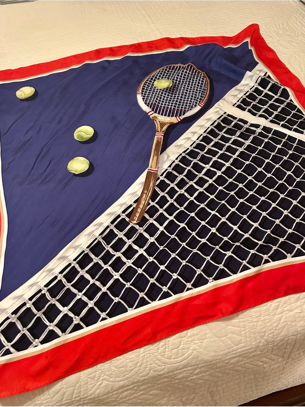 100% Silk 36” square Tennis Scarf in red, white and blue